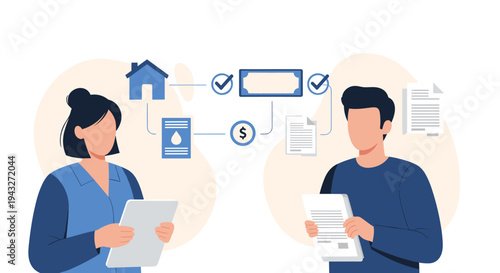 A man and woman review documents and a flowchart illustrating the process of managing assets like property and commodities.