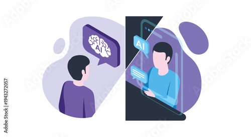 A user interacts with an artificial intelligence chatbot avatar on a smartphone screen in a modern isometric vector illustration.