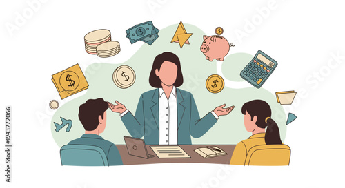 A financial advisor consults with a couple at a desk, surrounded by floating icons representing money, savings, and investment.