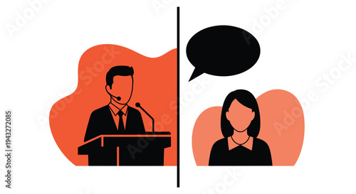 A split-screen illustration shows a male public speaker at a podium on one side and a woman with a blank speech bubble on the other.