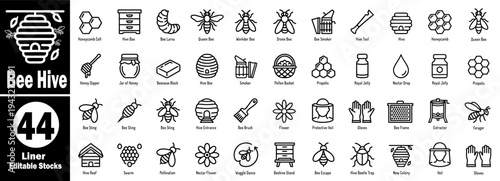 Bee hive line icons set. Collection of honey swarm comb, apiary farm, nature vector illustrator.