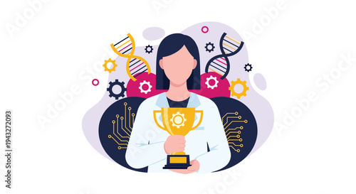 A female scientist in a lab coat holds a gold trophy, celebrating a major achievement in genetics and technology research.