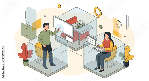 A man and a woman collaborate remotely from separate isometric cubicles, interacting with a shared digital whiteboard and laptops.