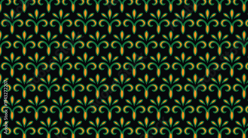 Seamless pattern of green and yellow floral shapes on dark background for design and decoration purposes  elegant and sophisticated texture