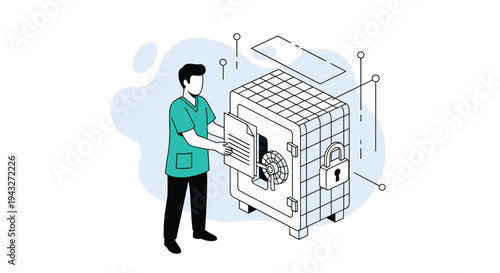 A man in a green shirt securely places a confidential document inside a large isometric safe with a combination dial and padlock.