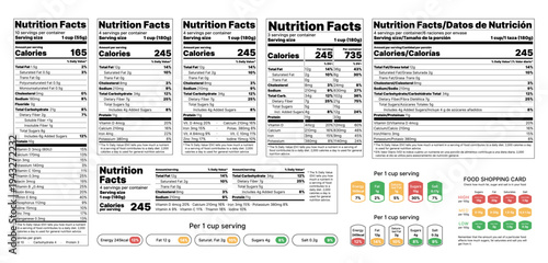 Nutrition facts Label. Food information with daily value. Data table ingredients calorie, fat, sugar. Package templates isolated on white background. Vector illustration. Layout design