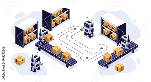 Isometric illustration of autonomous robots working in a modern warehouse, efficiently sorting and moving cardboard boxes on conveyor belts.