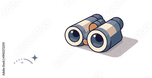 Cartoon binoculars with a sparkling discovery effect on a plain background