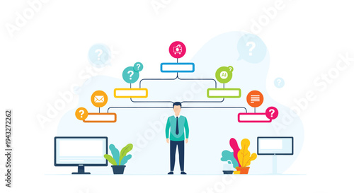 Flat design illustration of a businessman analyzing a complex flowchart with various business icons, representing decision-making and strategy.