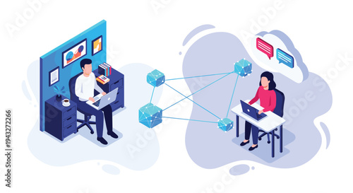Isometric vector illustration of a man and a woman working remotely on laptops, connected through a digital network of abstract blocks.