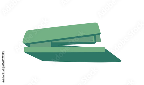 A minimalist green stapler casting a subtle shadow on a white background, perfect for office themes