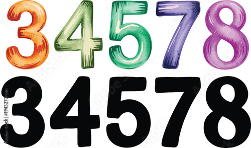 Hand Drawn Textured Number Set with Playful Colorful Oil Paint Style and Solid Black Silhouette Digits