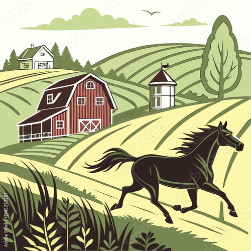 A vector illustration of a horse running through a rural landscape with a barn and houses