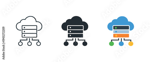 Cloud server network diagram icons showing data storage and connectivity options