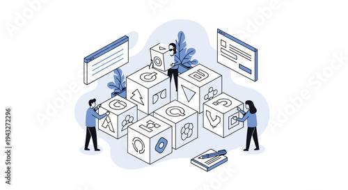 Isometric illustration of a team of people building a structure with large alphabet blocks, symbolizing collaboration and development.