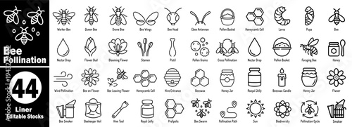 Bee pollination line icons set. Featuring a honey swarm comb apiary farm nature vector illustrator.