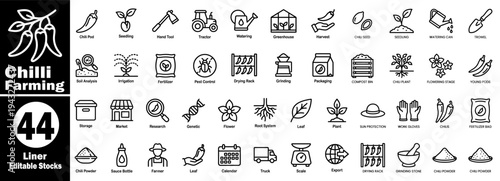 Chili farming icons set. Spice production, harvesting, and processing vector illustrator.