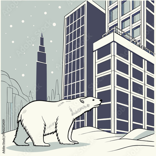 A polar bear stands in front of a modern cityscape during a snowy night