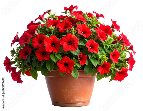 Vibrant red petunias spill from a terracotta pot, abundant blooms and lush green foliage