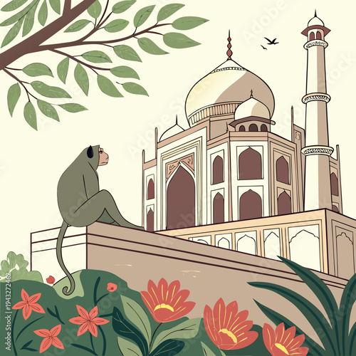 A vector illustration of a monkey sitting in front of the Taj Mahal with flowers and trees
