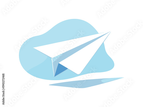 Minimalist white paper airplane soaring over a soft blue abstract shape