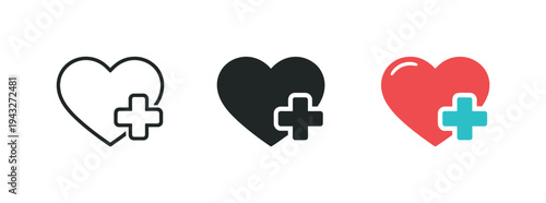 Care symbol expressed as a heart combined with a small medical cross forming one cohesive emblem, same silhouette echoed three