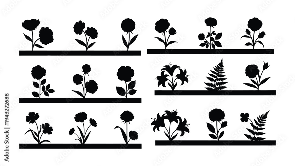 Obraz premium Floral Silhouette Array: An elegant array of diverse floral silhouettes, each a study in botanical beauty and form.