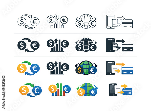 Icon object one for currency conversion, icon object two for exchange rate comparison, icon object three for international