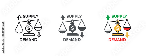 Commercial flow scene showing a compact supply and demand emblem with mirrored movement cues and clear economic structure, three