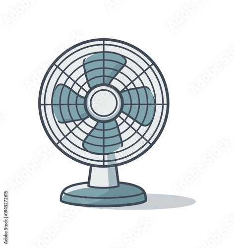Simple illustration of a desk fan with blue blades on a plain background
