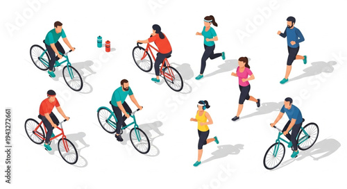 People Running and Cycling Illustration.