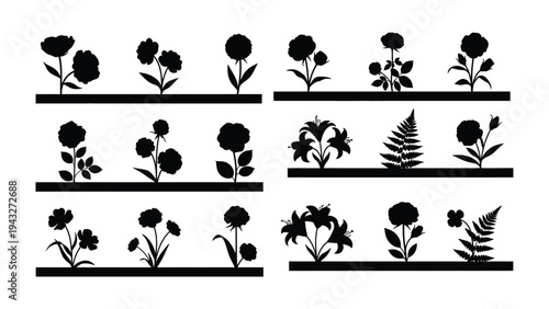 Floral Silhouette Array: An elegant array of diverse floral silhouettes, each a study in botanical beauty and form.