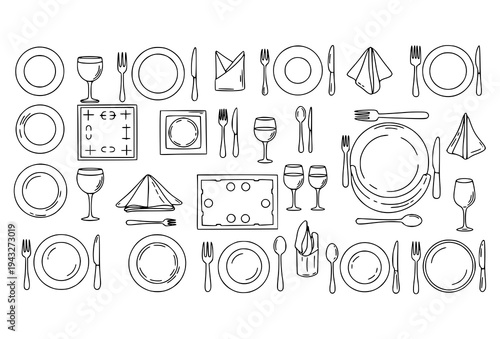 Table setting and dining etiquette hand drawn doodle outline icons with plates forks spoons knife vector clipart set