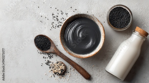 Wallpaper Mural Black Sesame Latte ingredient flat lay with black sesame paste plant based milk and wellness drink concept Torontodigital.ca