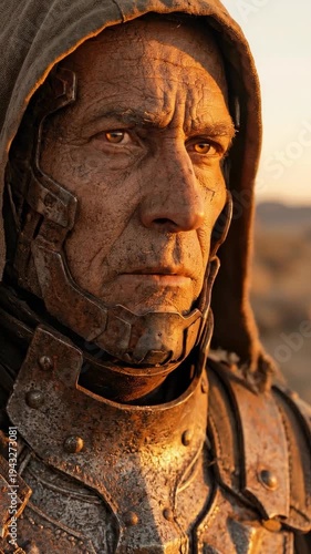 A warrior in armor stands in bright sunlight in a desert