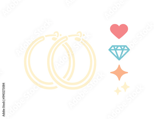 Minimalist outline of gold hoop earrings with charming icons of heart, diamond, and sparkles