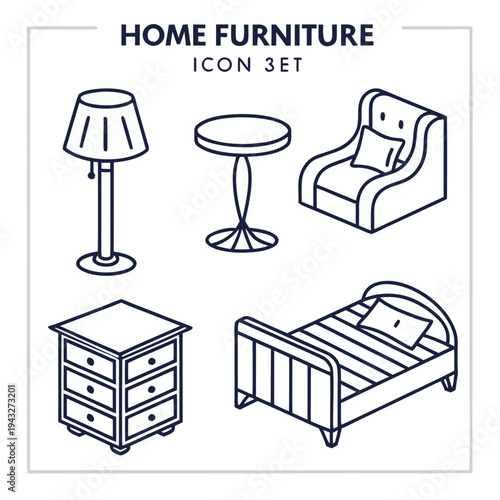 Home furniture icon set featuring floor lamp round pedestal table upholstered armchair wide chest of drawers and metal frame bed with pillow flat