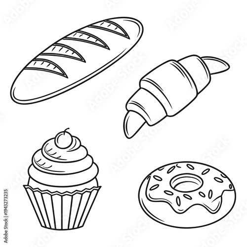 Simple line drawing set of french baguette croissant cupcake with cherry topping and glazed donut on isolated white background vector