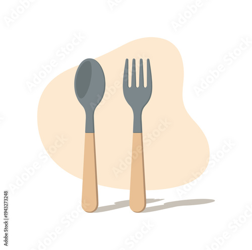 Minimalist illustration of a spoon and fork with wooden handles on a light background