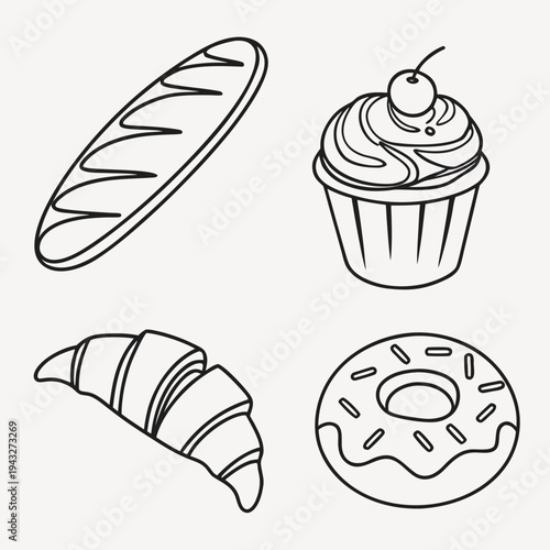 Minimalist bakery set with long bread loaf cherry cupcake butter croissant and glazed donut with sprinkles linear vector illustration for food menu