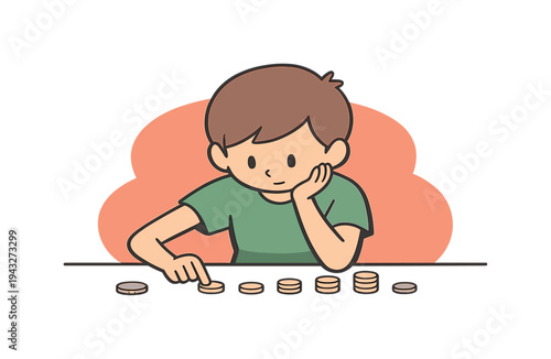 Young boy thoughtfully stacks coins, contemplating his savings and financial future