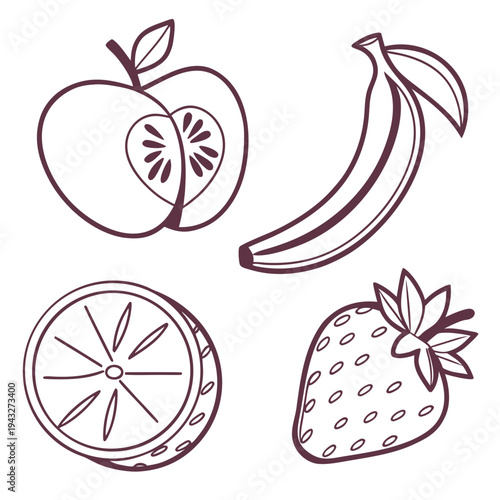 Natural organic fruit illustrations featuring apple banana citrus and strawberry in linear style for educational materials and children coloring fun