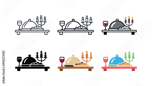 Set of icons representing a formal dinner setting with covered food and wine