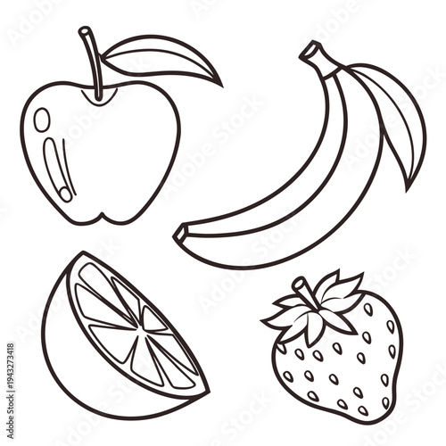 Selection of fruit line art including apple banana citrus slice and strawberry for coloring pages and educational health promotion materials for kids