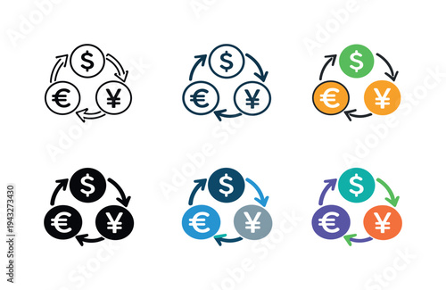 Global finance icon showing abstract money shapes linked by rotating arrows that suggest international currency exchange,