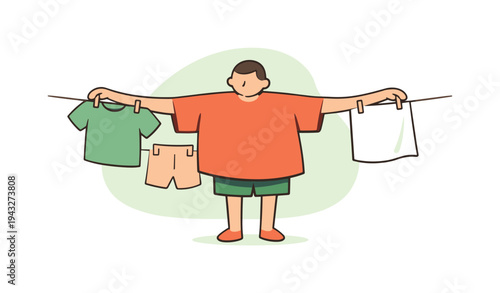 Man hanging laundry on a clothesline with clothespins, simple cartoon style