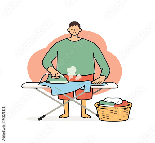 Man ironing clothes on an ironing board with a basket of laundry nearby