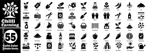 Chili farming icon set. Isolated on a transparent background, editable stock vector illustrator.