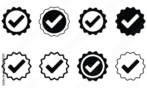 verified check mark icon collection, circular and starburst badge designs, approval symbol, authenticity verification, and confirmation status vector