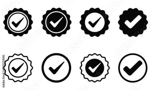 Verified blue check mark badges and icons, circular and starburst shapes, indicating confirmation, approval, and authenticity, trust verification concept vector
